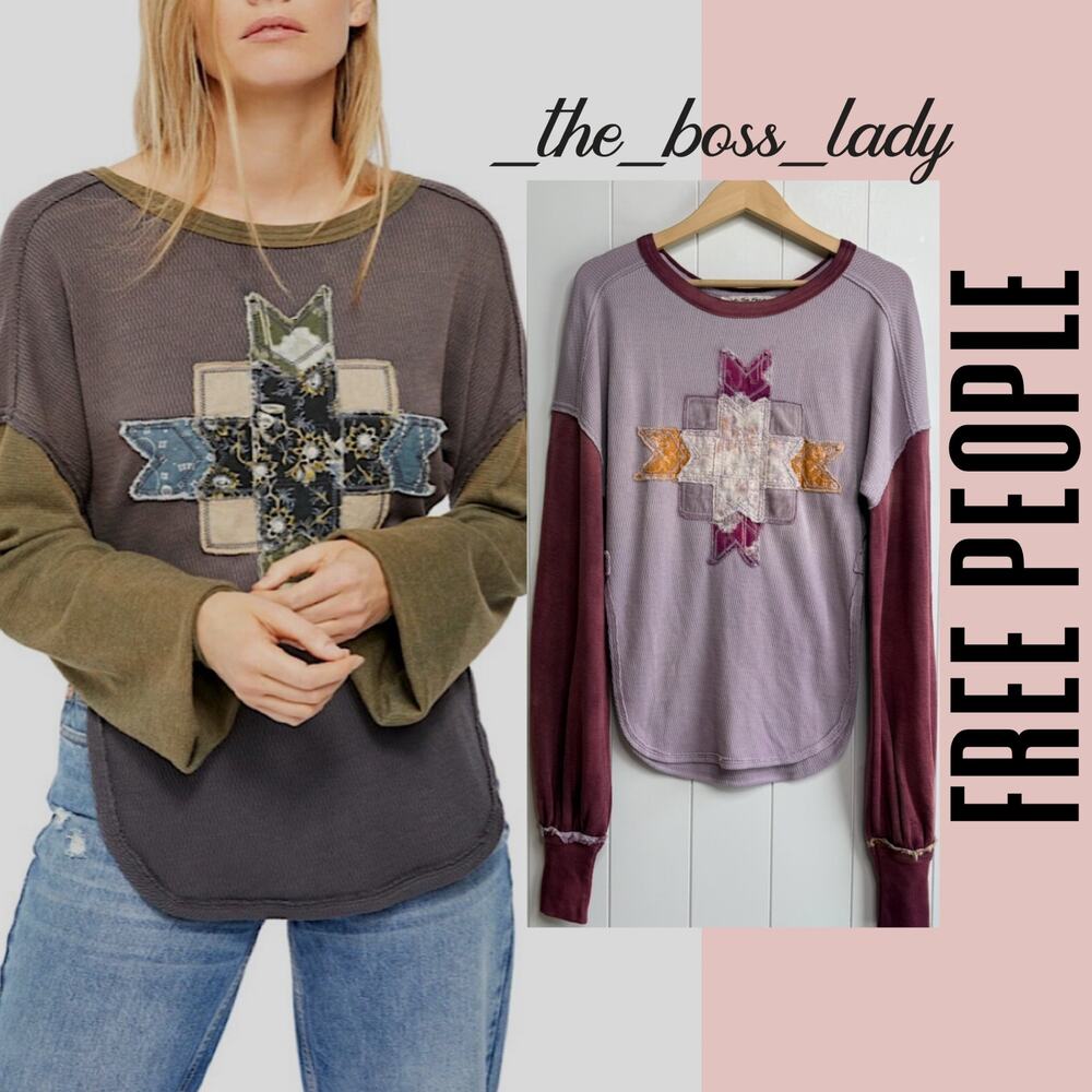 Free People boho top patchwork thermal  star long sleeve textured casual cozy XS